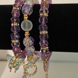 3 Butterfly & Stars Charms On Purple Crystals & Glass Beads Stretch Bracelets.